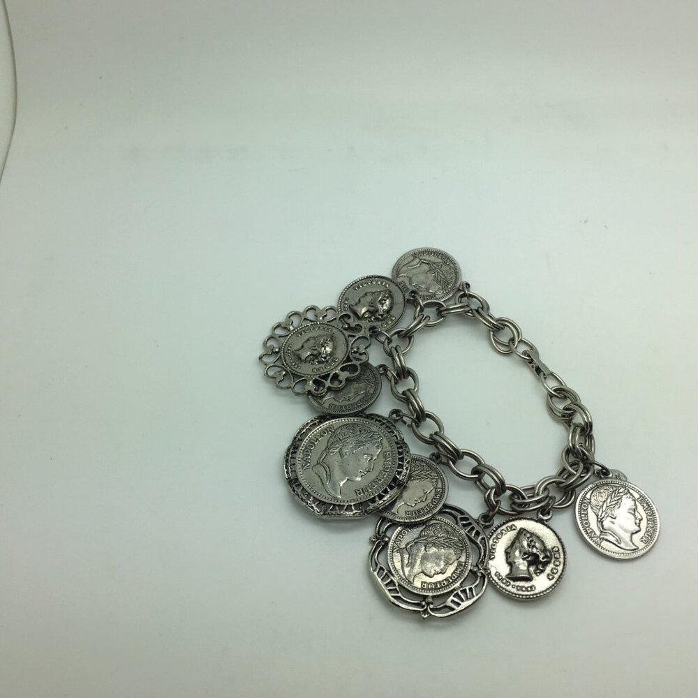 Judy Lee Faux Coins Charm Bracelet Napoleon Queen Victoria Silver Tone Vintage